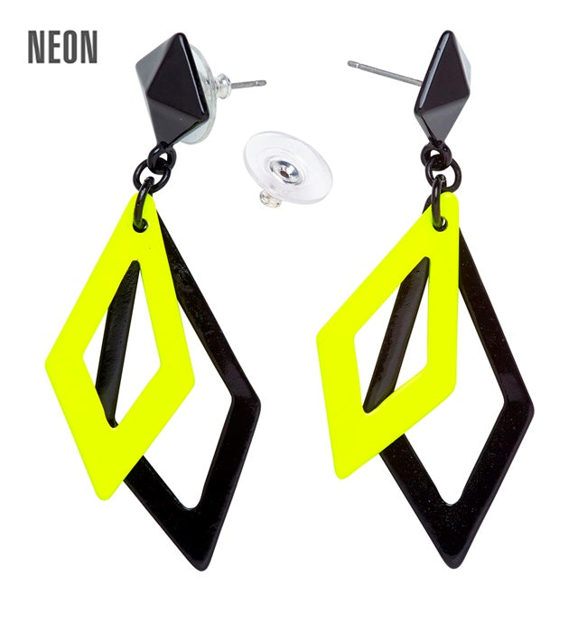 Schwarze und neon gelbe Rhombus Ohrringe als Fasnacht-Accessoire