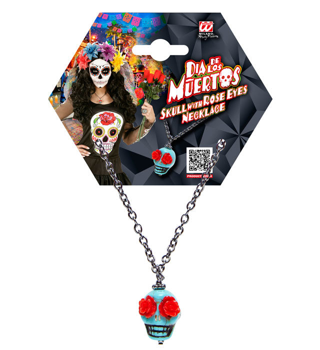 Kette mit hellblauem Totenkopf und roten Rosen als Augen