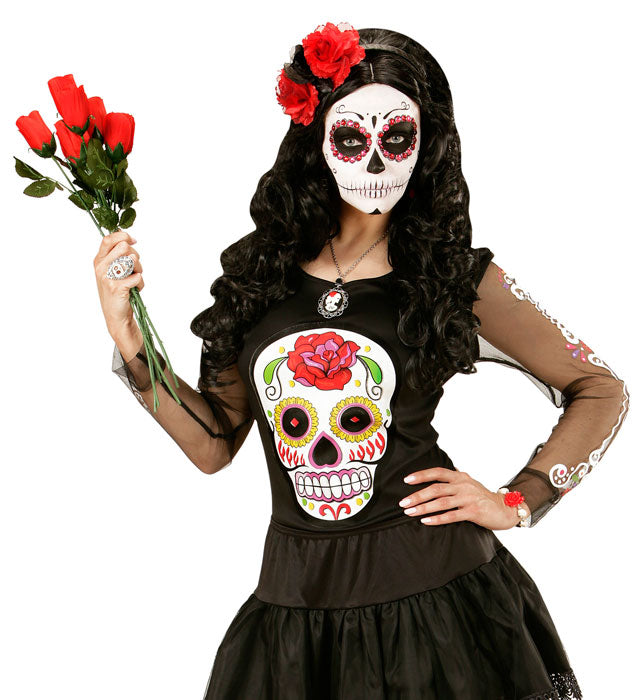 Kette mit schwarzer Rose und Totenkopf-Kamee als Halloween-Accessoire