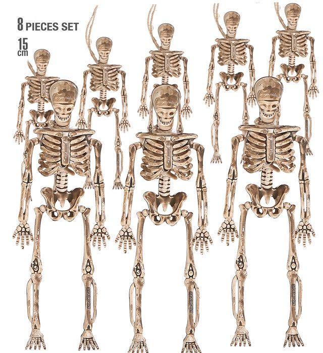Set mit 8 hängenden kleinen Skelett-Figuren an langer Schnur
