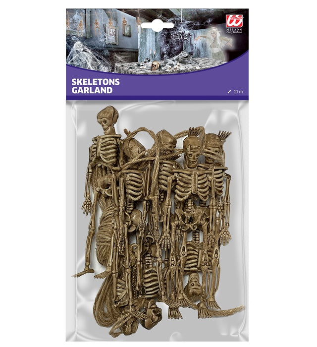 Set mit 8 hängenden kleinen Skelett-Figuren an langer Schnur