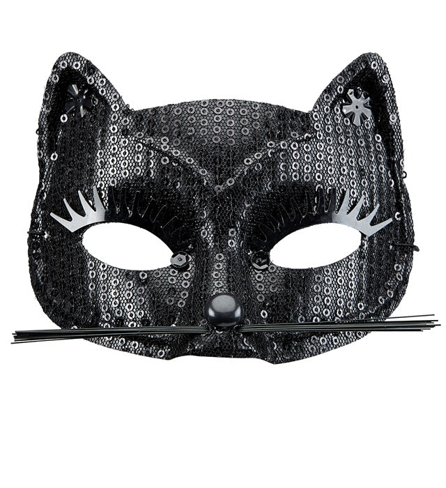 Schwarze Katzaugenmaske mit glitzernden Pailletten auf neutralem Hintergrund