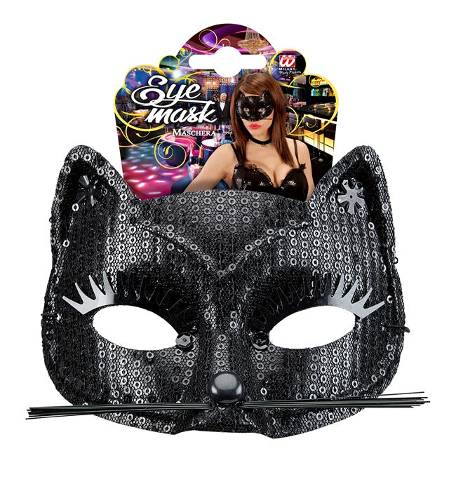 Schwarze Katzaugenmaske mit glitzernden Pailletten auf neutralem Hintergrund
