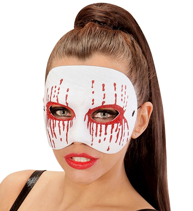 Weiße Psychomaske mit blutroten Augen für Halloween und Fasnacht