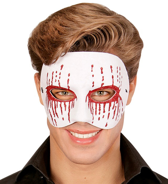 Weiße Psychomaske mit blutroten Augen für Halloween und Fasnacht