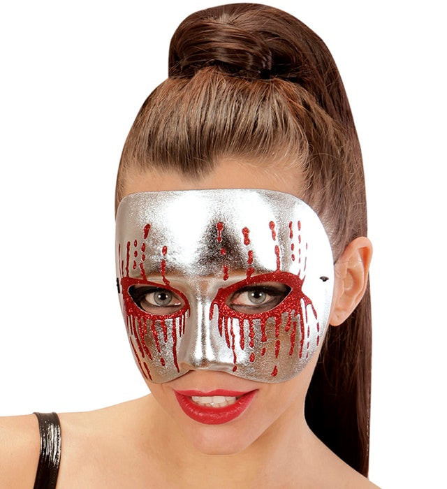 Silberne Psychomaske mit blutigen roten Augen – Unisex Halloween-Maske