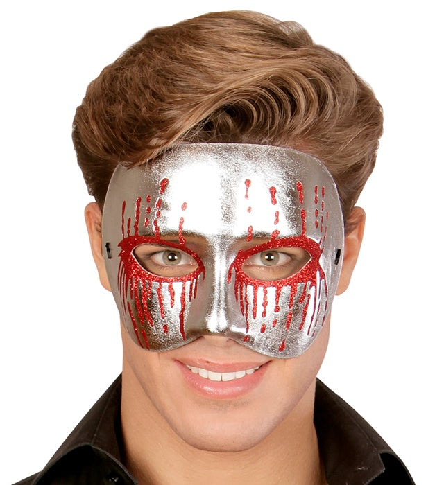 Silberne Psychomaske mit blutigen roten Augen – Unisex Halloween-Maske