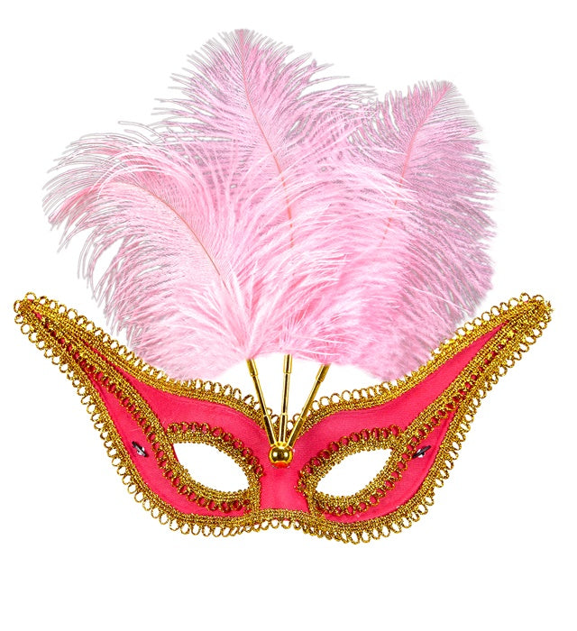 Pinkfarbene Augenmaske mit goldenem Rand und Federn auf weissem Hintergrund