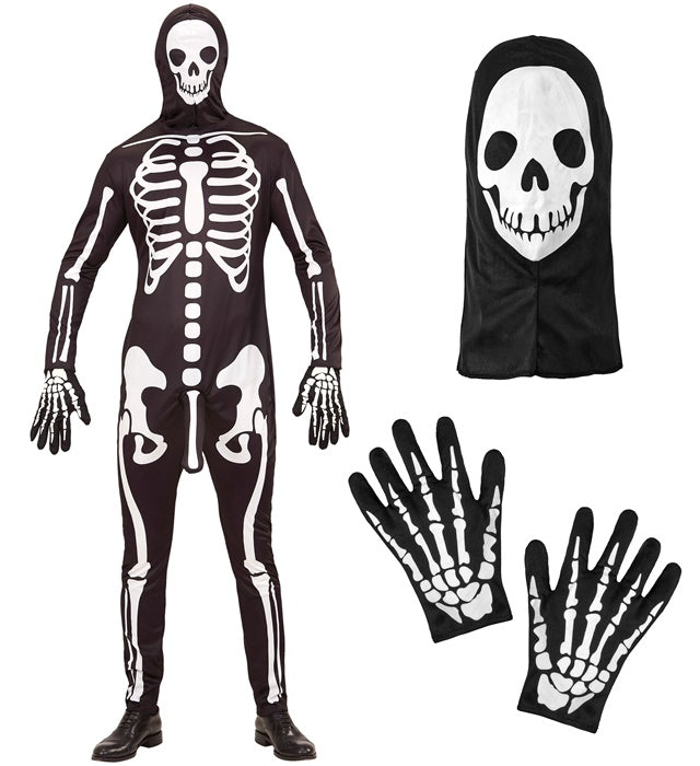 Skelett-Kostüm mit Overall, Maske und Handschuhen für Fasnacht und Halloween