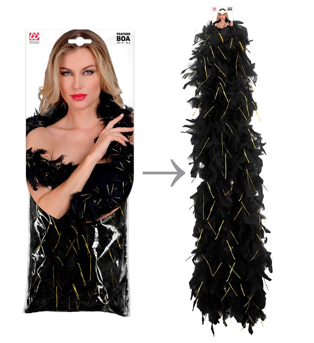 Schwarze Federboa mit goldenem Lametta auf weißem Hintergrund