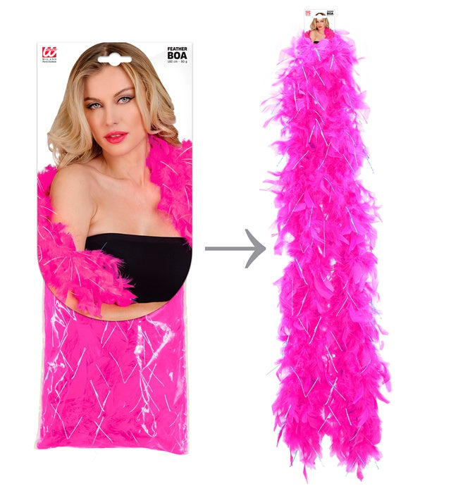 Federboa in Pink mit holografischem Lametta auf weißem Hintergrund