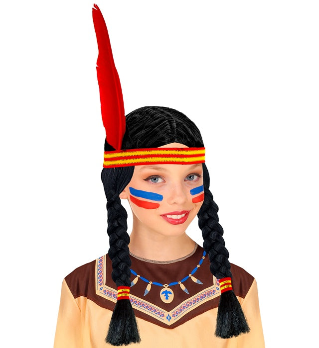 Fasnachtsperücke Indianerin mit braunem Haar, Stirnband und Feder