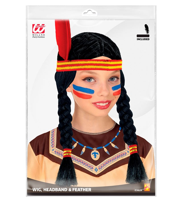Fasnachtsperücke Indianerin mit braunem Haar, Stirnband und Feder
