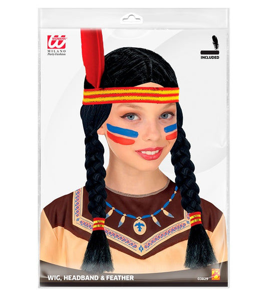 Fasnachtsperücke Indianerin mit braunem Haar, Stirnband und Feder