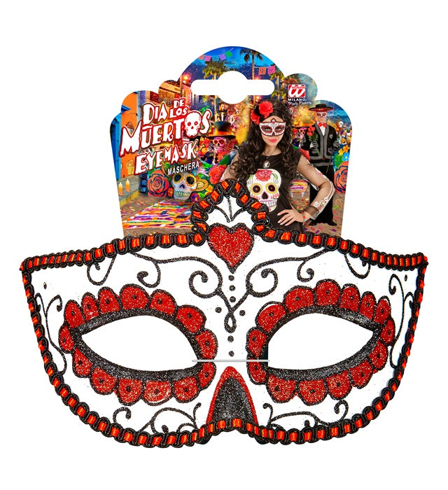 Schwarze und rote Dia de los Muertos Augenmaske mit dekorativen Details