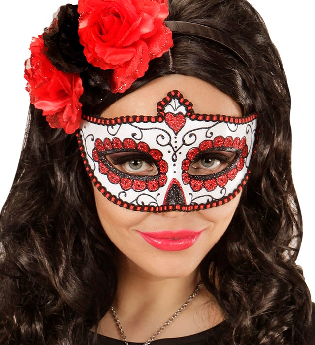 Schwarze und rote Dia de los Muertos Augenmaske mit dekorativen Details
