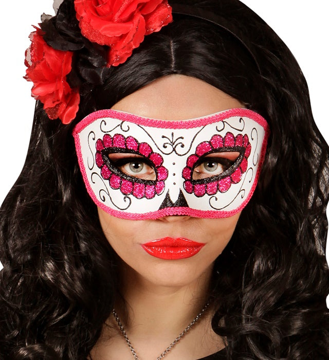 Unisex Augenmaske Dia de los Muertos mit schwarzer und rosafarbener Verzierung