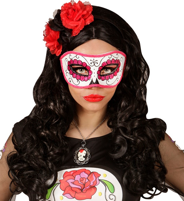 Unisex Augenmaske Dia de los Muertos mit schwarzer und rosafarbener Verzierung
