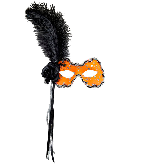 Neonorangefarbene Augenmaske mit holografischen Pailletten, Rosen, Bändern und Federn