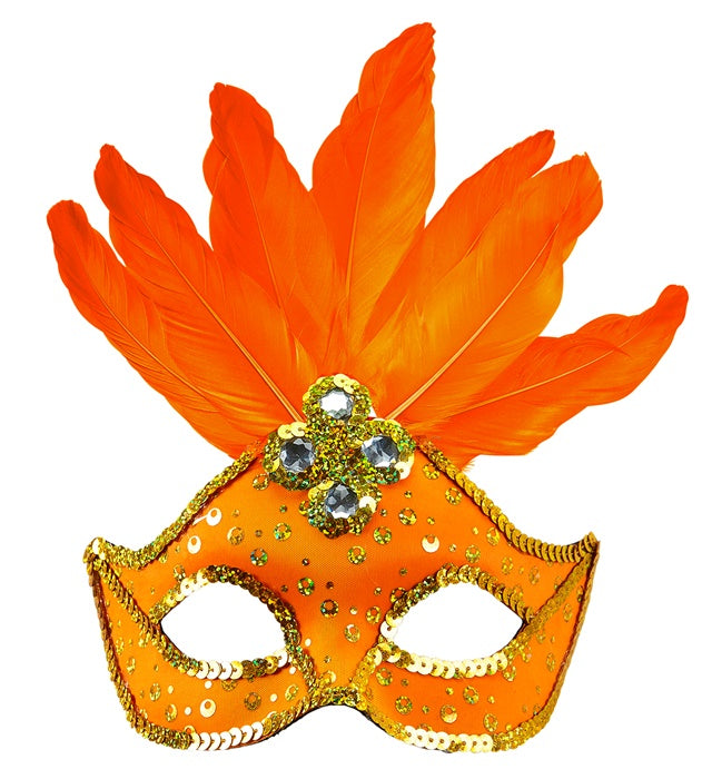 Neonorange Augenmaske mit holografischen Pailletten, goldenem Rand und Federn