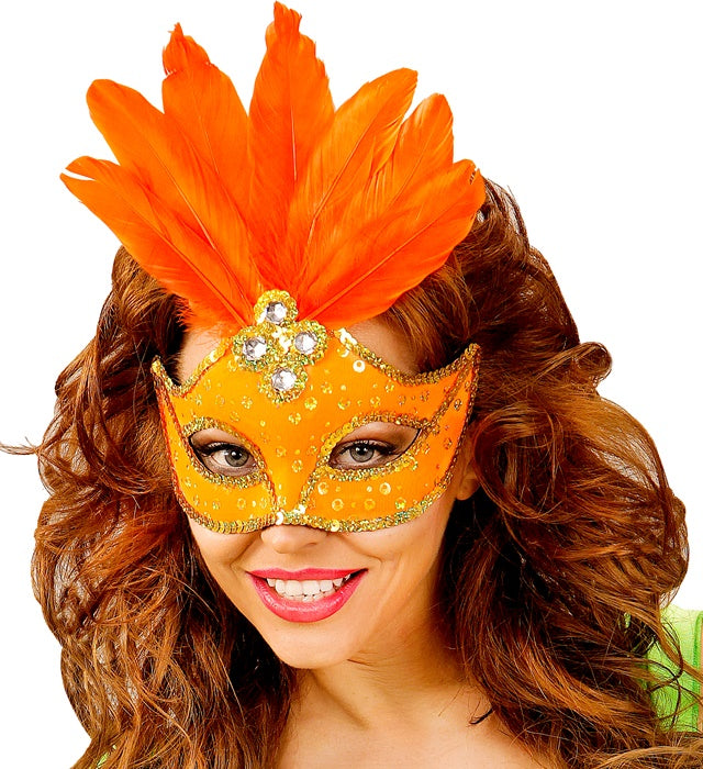 Neonorange Augenmaske mit holografischen Pailletten, goldenem Rand und Federn