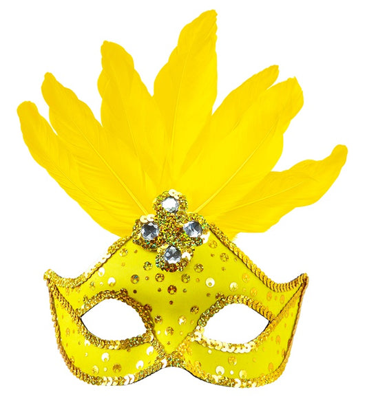 Neongelbe Augenmaske mit holografischen Pailletten, goldenem Paillettenrand und Federn
