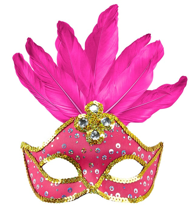 Brasilianische neonpinkfarbene Augenmaske mit holografischen Pailletten, goldenem Rand und Federn