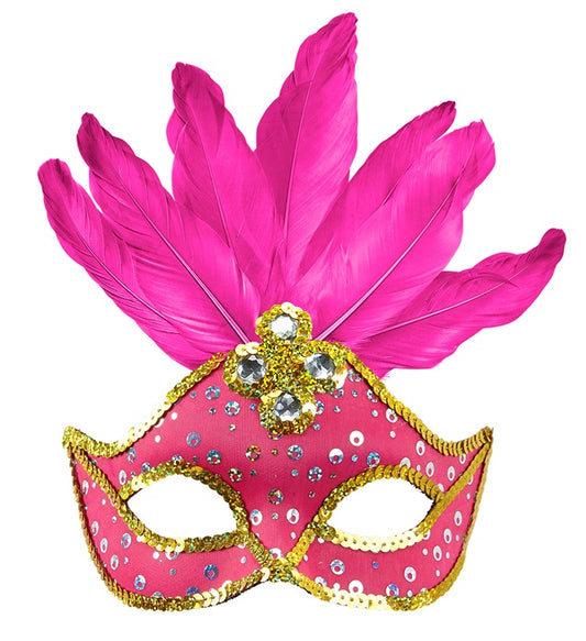 Brasilianische neonpinkfarbene Augenmaske mit holografischen Pailletten, goldenem Rand und Federn