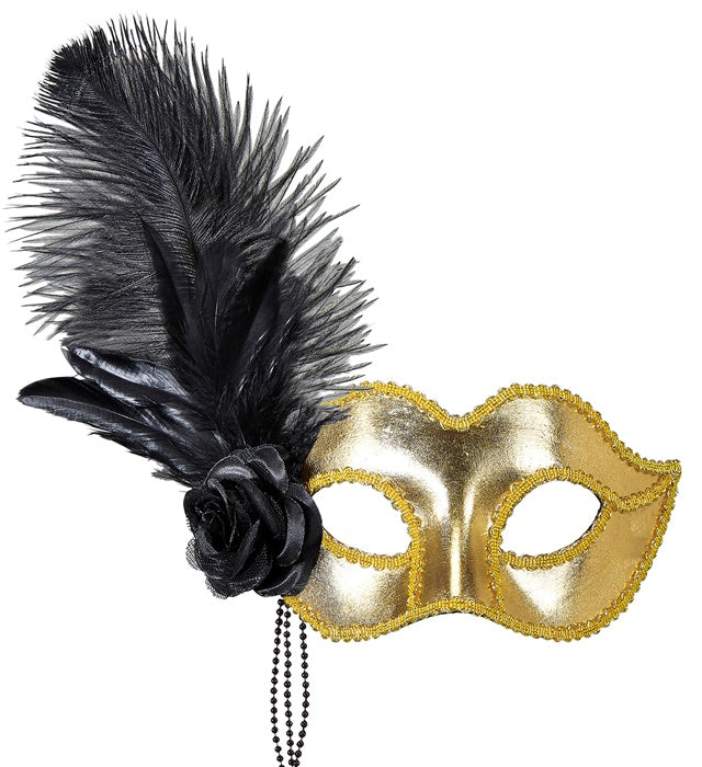 Venezianische Augenmaske in Gold mit Rose, Perlen und Federn