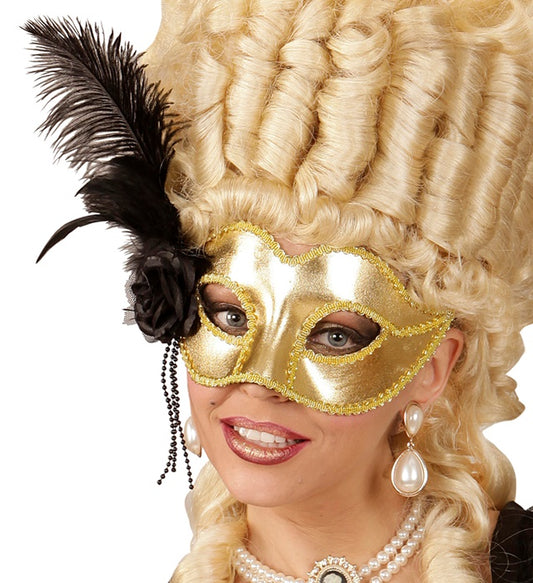 Venezianische Augenmaske in Gold mit Rose, Perlen und Federn