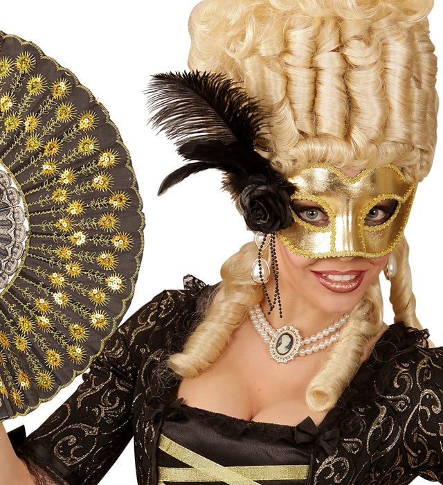 Venezianische Augenmaske in Gold mit Rose, Perlen und Federn