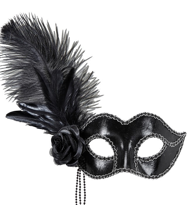 Venezianische schwarze Augenmaske mit Rose, Perlen und Federn