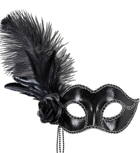 Venezianische schwarze Augenmaske mit Rose, Perlen und Federn