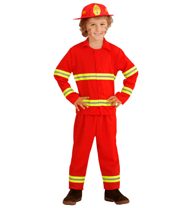 Feuerwehrmann Kostüm mit Jacke, Hose und Helm auf weißem Hintergrund
