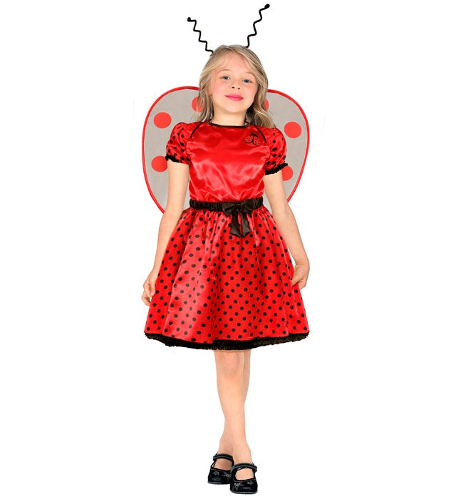Marienkäfer-Kostüm mit roten Kleid, schwarzen Punkten, Flügeln und Antennen