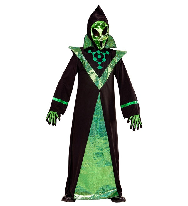 Alien Kostüm mit grüner Tunika und Kapuzenmaske für Fasnacht