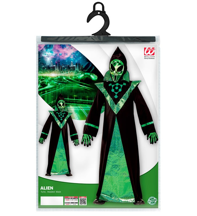 Alien Kostüm mit grüner Tunika und Kapuzenmaske für Fasnacht