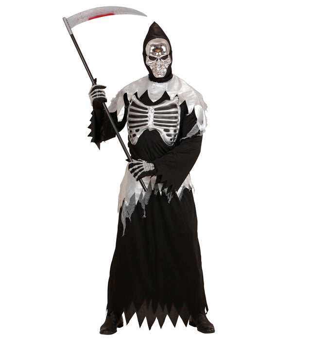 Grim Reaper Kostüm mit schwarzer Rippenrobe, Kapuzenmaske und Gürtel