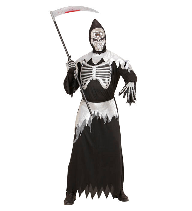 Grim Reaper Kostüm mit schwarzer Rippenrobe, Kapuzenmaske und Gürtel