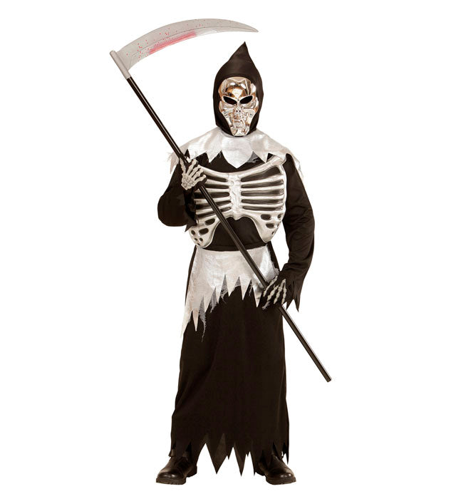 Sensenmann Kostüm mit schwarzer Rippenrobe, Kapuzenmaske und Gürtel