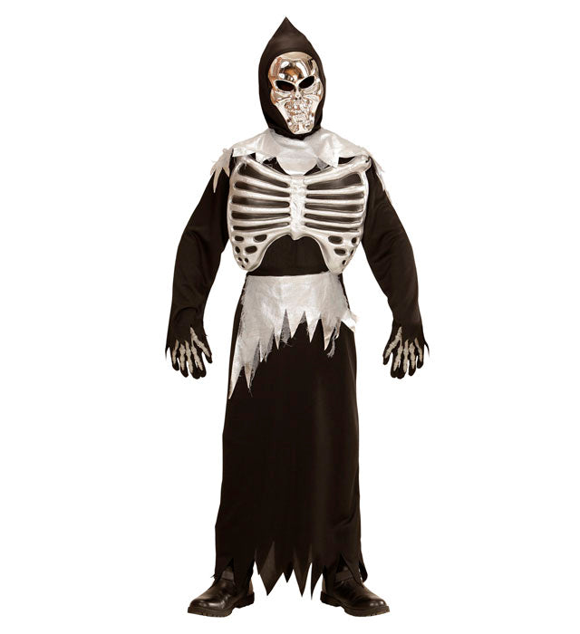 Sensenmann Kostüm mit schwarzer Rippenrobe, Kapuzenmaske und Gürtel