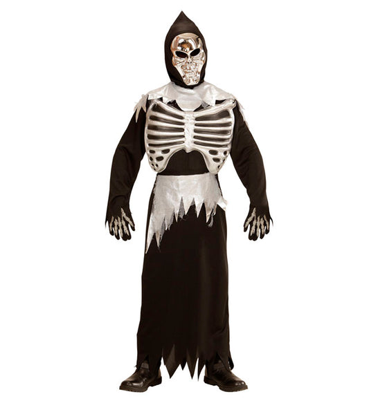 Sensenmann Kostüm mit schwarzer Rippenrobe, Kapuzenmaske und Gürtel