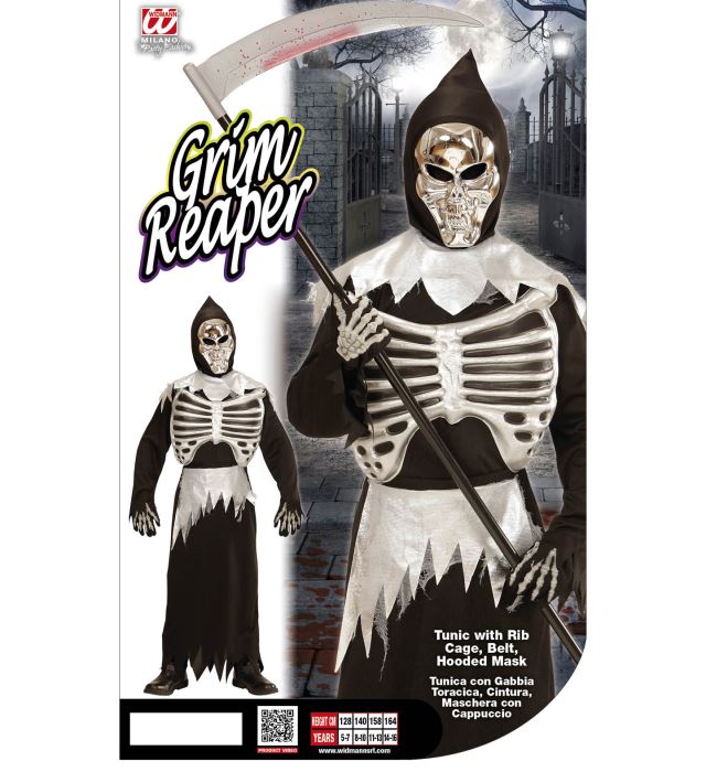 Sensenmann Kostüm mit schwarzer Rippenrobe, Kapuzenmaske und Gürtel