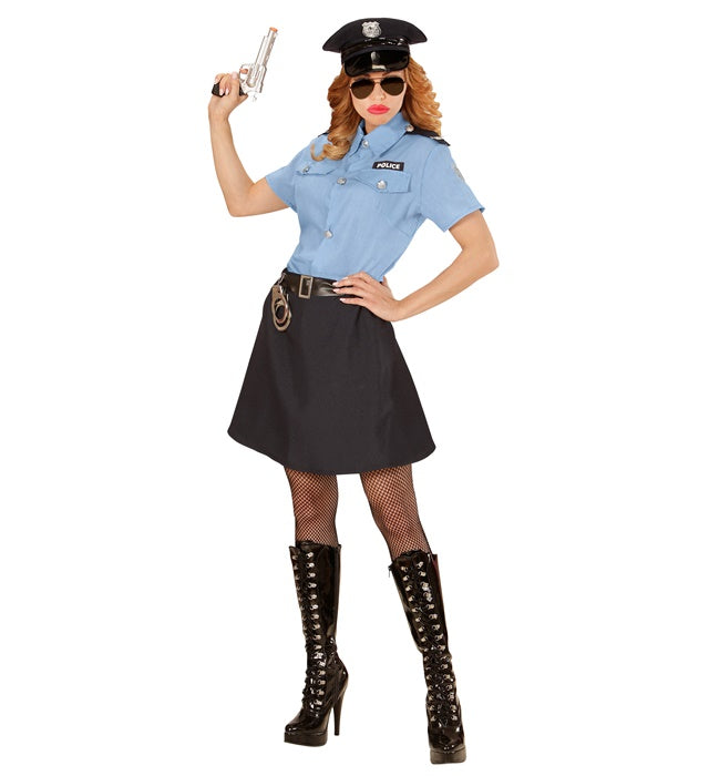 Polizistin-Kostüm bestehend aus Bluse, Rock, Gürtel und Mütze für Fasnacht