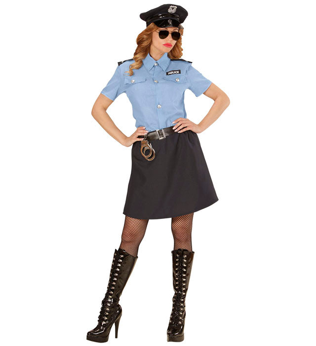 Polizistin-Kostüm bestehend aus Bluse, Rock, Gürtel und Mütze für Fasnacht