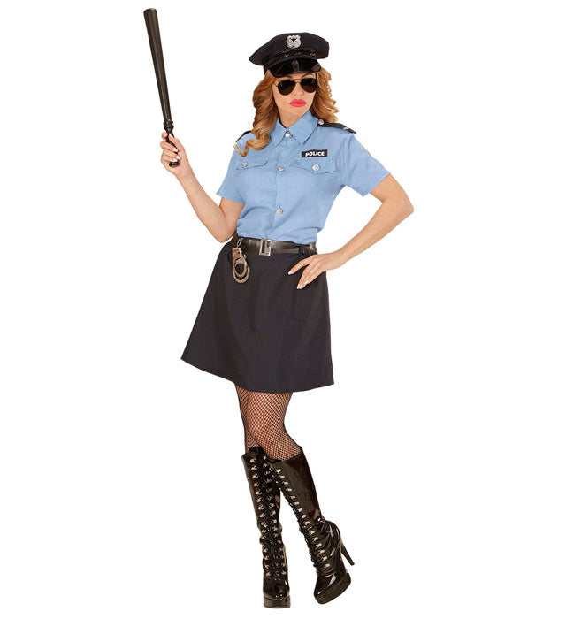 Polizistin-Kostüm bestehend aus Bluse, Rock, Gürtel und Mütze für Fasnacht