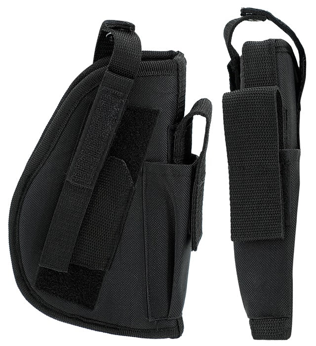 Schwarzes taktisches Holster am rechten Bein befestigt