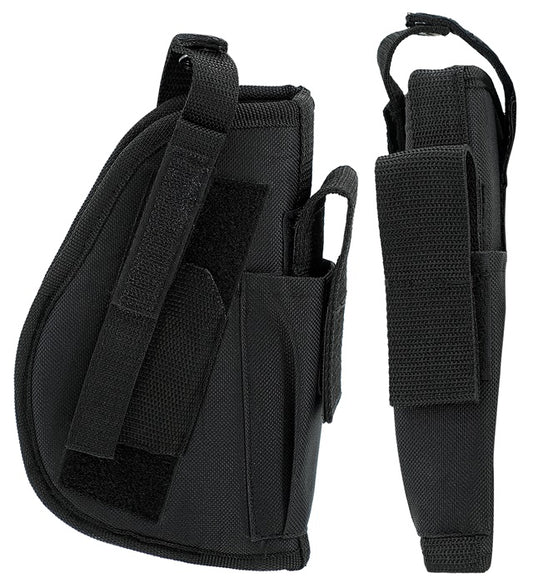 Schwarzes taktisches Holster am rechten Bein befestigt