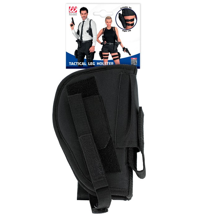 Schwarzes taktisches Holster am rechten Bein befestigt