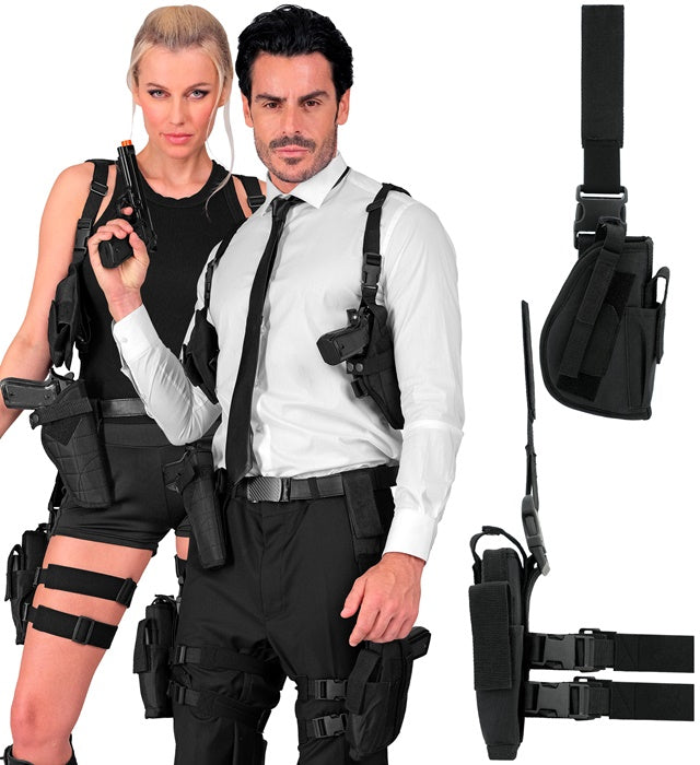 Schwarzes taktisches Holster am rechten Bein befestigt